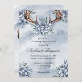 Invitation Boho Deer Antler Dusty Blue Floral Mariage (Devant / Derrière)