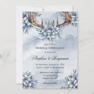 Invitation Boho Deer Antler Dusty Blue Floral Mariage
