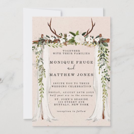 Invitation Boho Deer Antlers Canopée blanche Rustique (Devant)