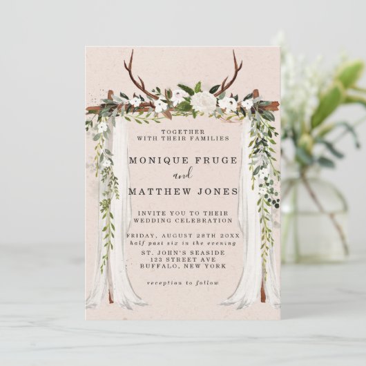 Invitation Boho Deer Antlers Canopée blanche Rustique (Debout devant)