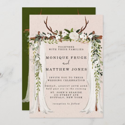 Invitation Boho Deer Antlers Canopée blanche Rustique (Devant / Derrière)