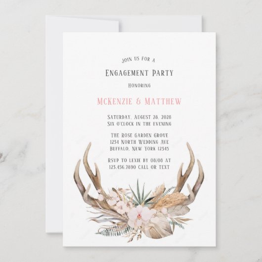 Invitation Boho Deer Antlers et Florals (Devant)