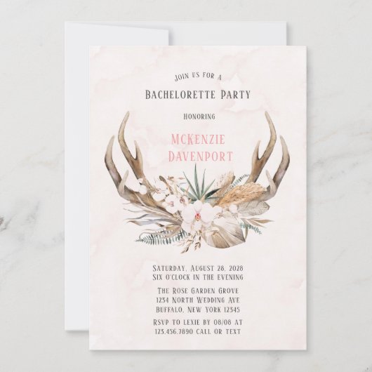 Invitation Boho Deer Antlers et Florals Bachelorette Party (Devant)