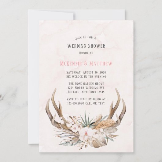 Invitation Boho Deer Antlers et Florals Wedding shower (Devant)