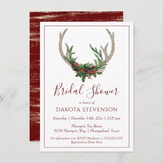 Invitation Boho Deer Antlers | Fête des mariées de Noël rusti (Devant / Derrière)