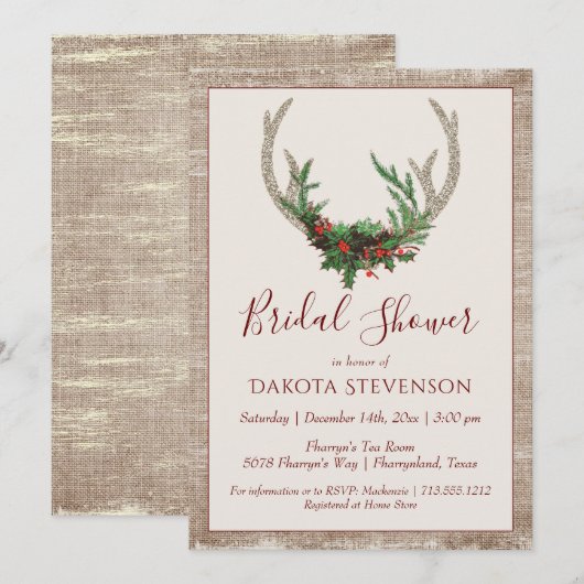 Invitation Boho Deer Antlers | Fête des mariées de Noël rusti (Devant / Derrière)