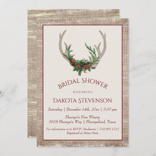 Invitation Boho Deer Antlers | Fête des mariées de Noël rusti (Devant / Derrière)