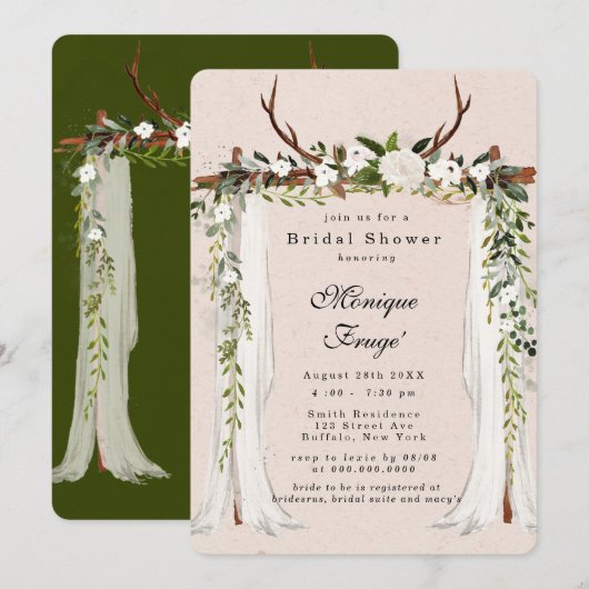 Invitation Boho Deer Antlers White Canopy Chic Fête des marié (Devant / Derrière)
