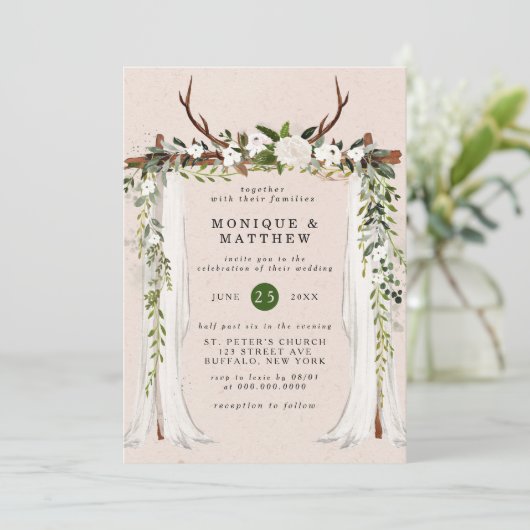 Invitation Boho Deer Antlers White Canopy Rustique Mariage (Debout devant)