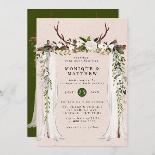Invitation Boho Deer Antlers White Canopy Rustique Mariage (Devant / Derrière)