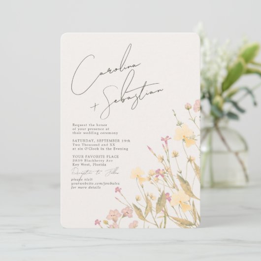 Invitation Boho Delicate Mariage Fleur sauvage (Debout devant)
