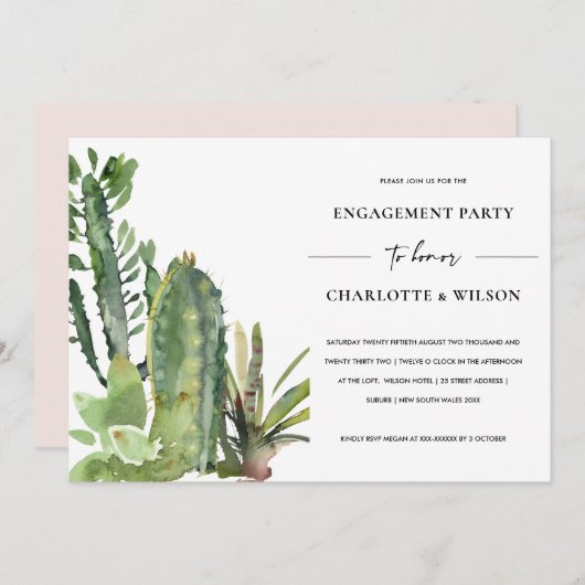 INVITATION BOHO DESERT CACTI SUCCULENT FAUNA FIANÇAILLES (Devant / Derrière)