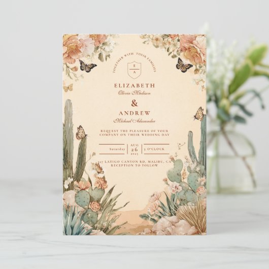 Invitation Boho Desert Cactus Floral Mariage (Debout devant)