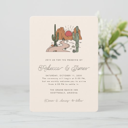 Invitation Boho Desert Cactus Mariage de script moderne (Debout devant)