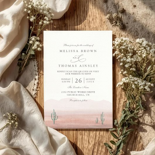 Invitation Boho Desert Cactus Rustic Elegant QR Code Wedding