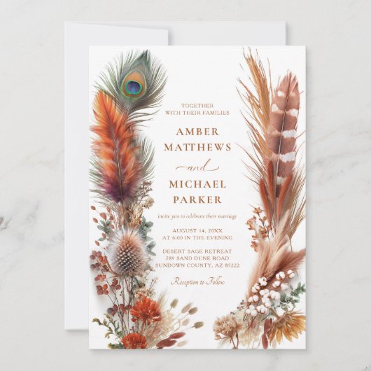 Invitation Boho Desert Feather Pampas Mariage (Devant)