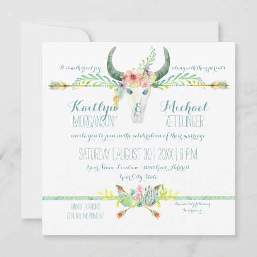 Invitation BOHO Désert Sud Ouest Floral Vache Flèche crâne (Devant)