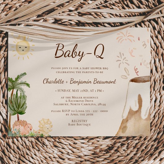 Invitation Boho Dinosaur Beige Baby-Q Baby shower barbecue