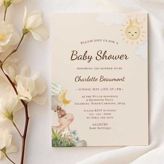 Invitation Boho Dinosaur Beige Baby shower neutre entre les s