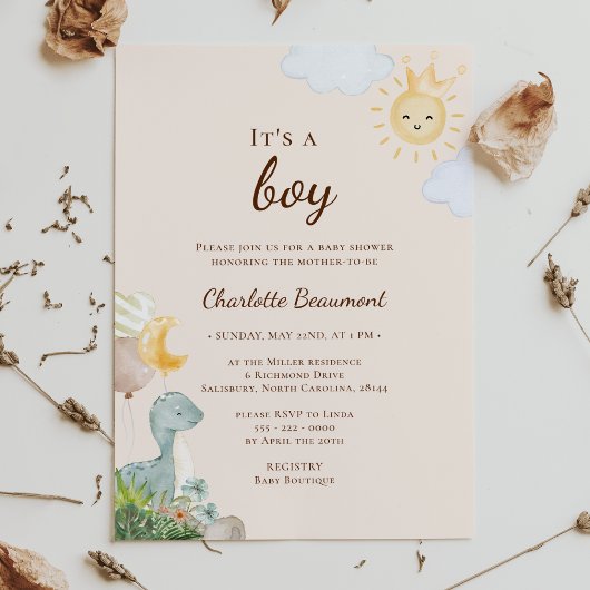 Invitation Boho Dinosaur Beige C'est un Baby shower garçon