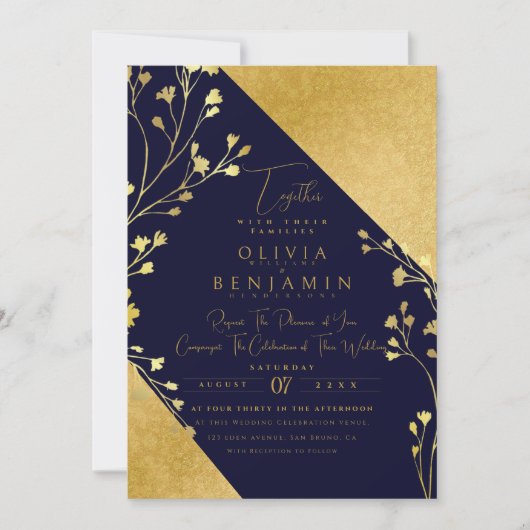Invitation Boho d'or Floral Chute Tout en un Mariage I (Devant)