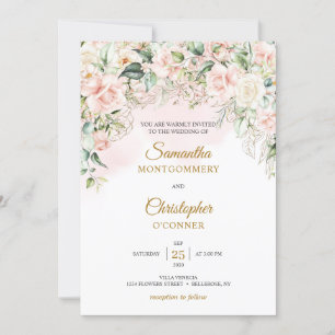 Invitation Boho douce pastel aquarelle blush roses faux or