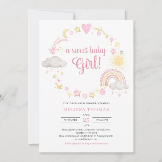 Invitation Boho douce pastel rose et jaune une petite fille d (Devant)