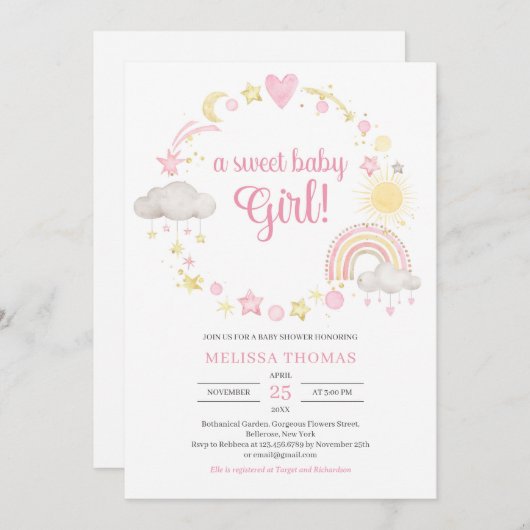 Invitation Boho douce pastel rose et jaune une petite fille d (Devant / Derrière)