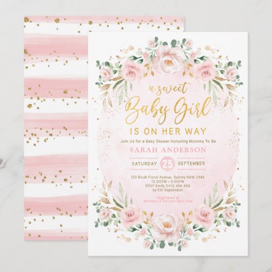 Invitation Boho doux Blush Floral Wreath Girl Baby shower (Devant / Derrière)