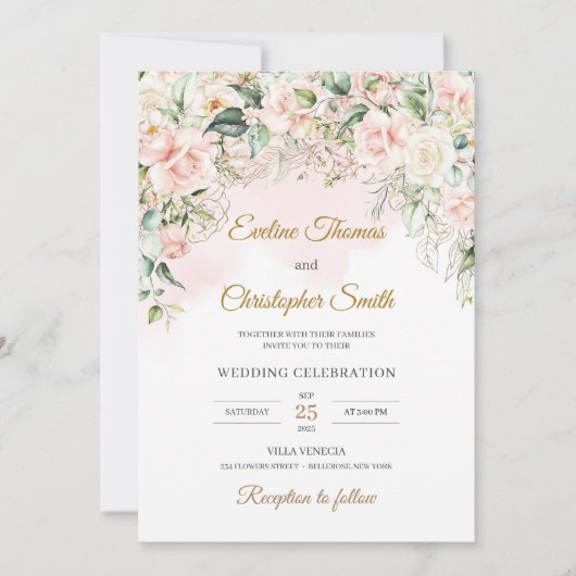 Invitation Boho doux pastel rose floral sauge eucalyptus or (Devant)