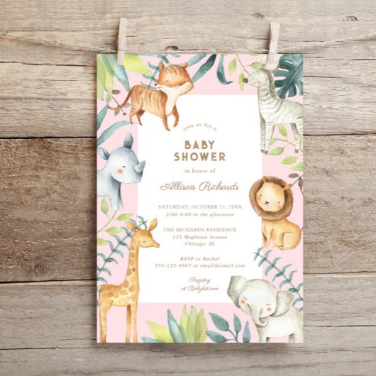 Invitation Boho doux safari animaux rose fille baby shower