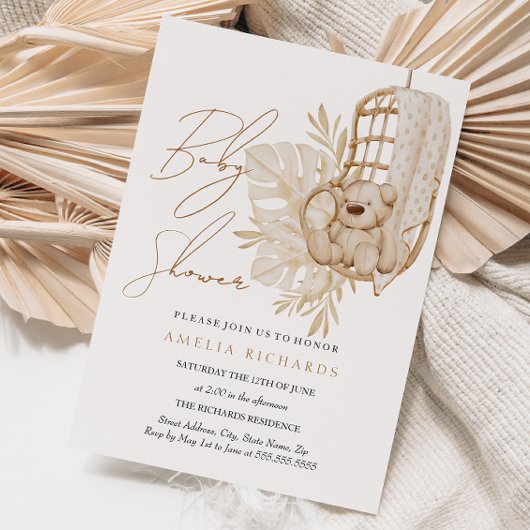 Invitation Boho doux Teddy Bear Baby shower neutre