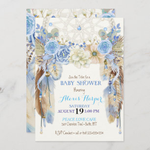 Invitation Boho Dream Catcher Feathers Blue Ivory Brown