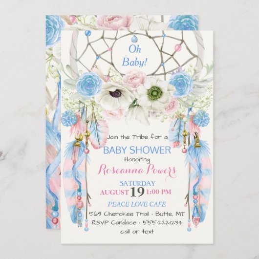 Invitation Boho Dream Catcher Feathers Blue & Pink (Devant / Derrière)