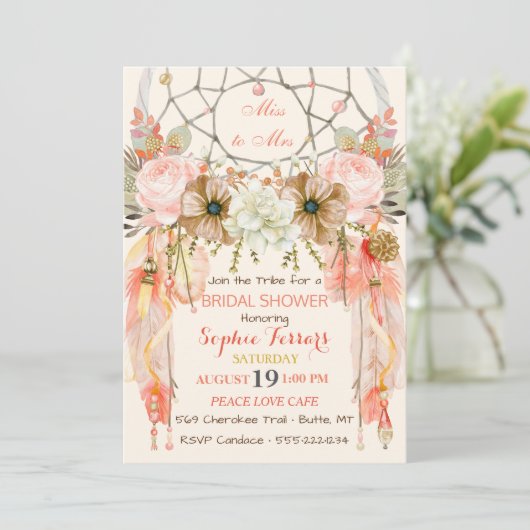 Invitation Boho Dream Catcher Feathers Peach Coral (Debout devant)