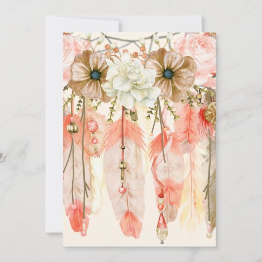 Invitation Boho Dream Catcher Feathers Peach Coral (Dos)
