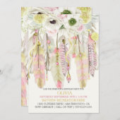 Invitation Boho Dream Catcher Plumes Crystals rose Jaune (Devant / Derrière)