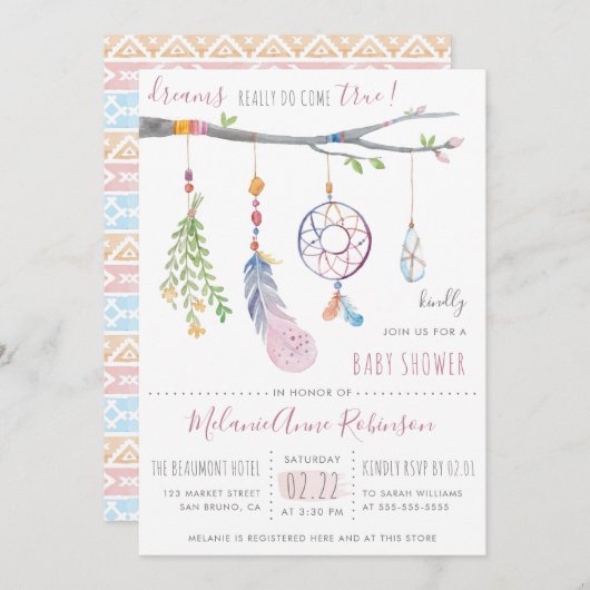 Invitation Boho Dream Catcher & Tribal FeathBaby shower (Devant / Derrière)
