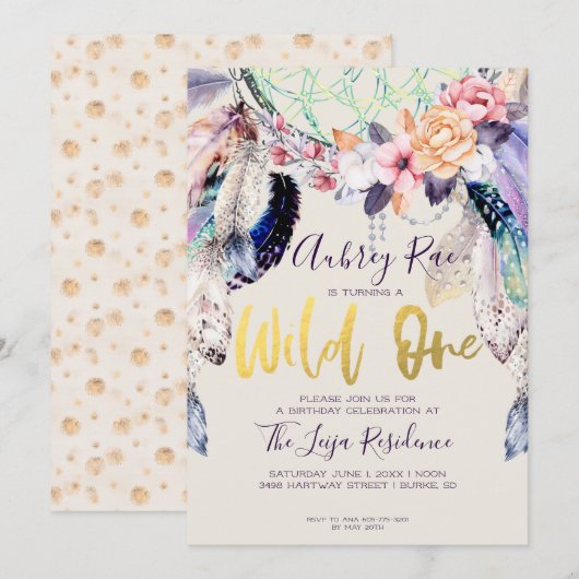 Invitation Boho Dreamcatcher Wild One Anniversaire (Devant / Derrière)