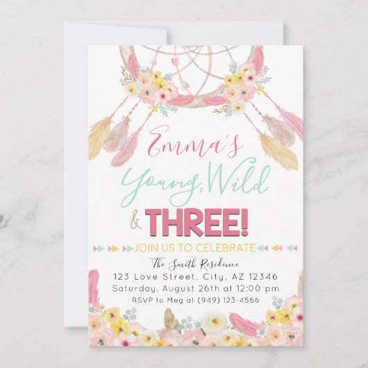 Invitation Boho Dreamcatcher Young Wild & Three 3e anniversai (Devant)