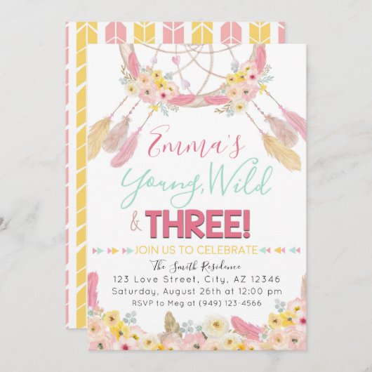 Invitation Boho Dreamcatcher Young Wild & Three 3e anniversai (Devant / Derrière)
