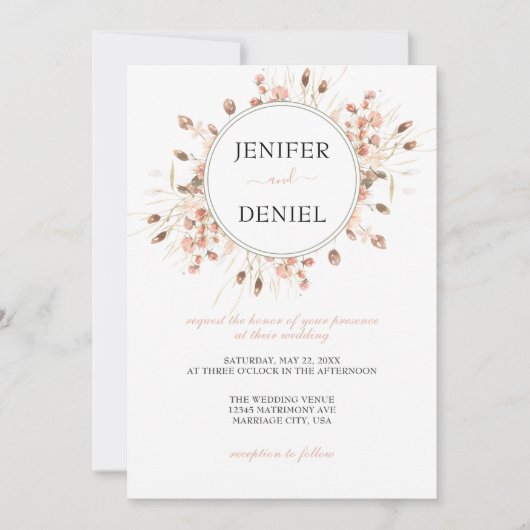 Invitation Boho Dried Watercolor Floral Wedding (Devant)