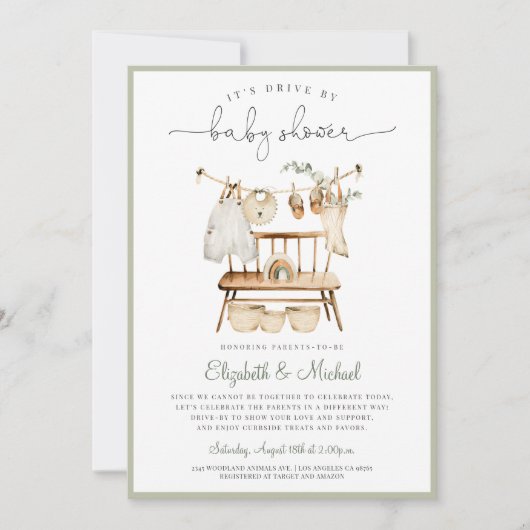 Invitation Boho Drive By Eucalyptus Green Neutral Baby shower (Devant)