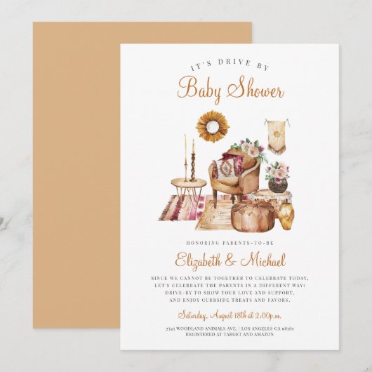 Invitation Boho Drive Par Terracotta Baby shower Neutre (Devant / Derrière)