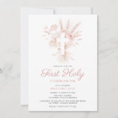 Invitation boho dusté rose floral première communion invitati (Devant)
