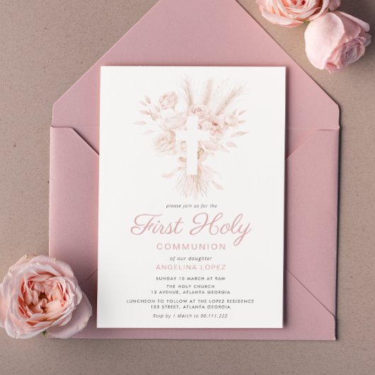 Invitation boho dusté rose floral première communion invitati