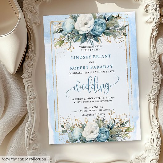 Invitation Boho Dusty Bleu Blanc Or Fleurs Mariage Invite