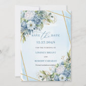 Invitation Boho Dusty Bleu Blancs Or Fleurs Enregistrer La Da (Devant)