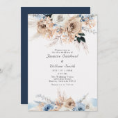 Invitation Boho Dusty bleu et Mariage floral beige (Devant / Derrière)