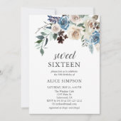 Invitation Boho Dusty Bleu Fleurs beiges Douce 16 (Devant)